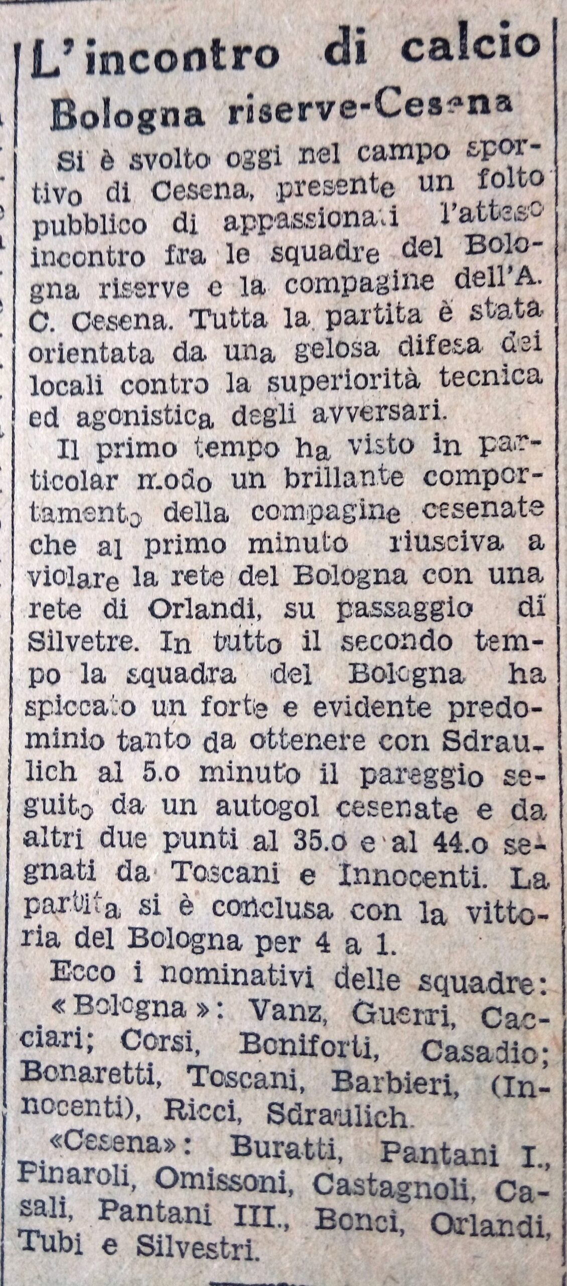 1940-41 1° Squadra Amichevole 10 Cesena-Bologna B 1-4 CorrierePadano