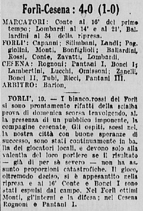 1941-42 1° Squadra Campionato Serie C andata giornata 03 Forlì-Cesena 4-0 GazzettaSport