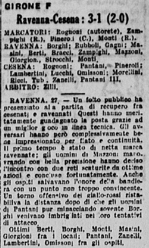 1941-42 1° Squadra Campionato Serie C andata giornata 08 Ravenna-Cesena 3-1 recupero GazzettaSport