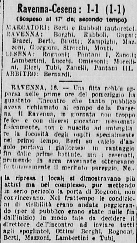1941-42 1° Squadra Campionato Serie C andata giornata 08 Ravenna-Cesena sospesa GazzettaSport