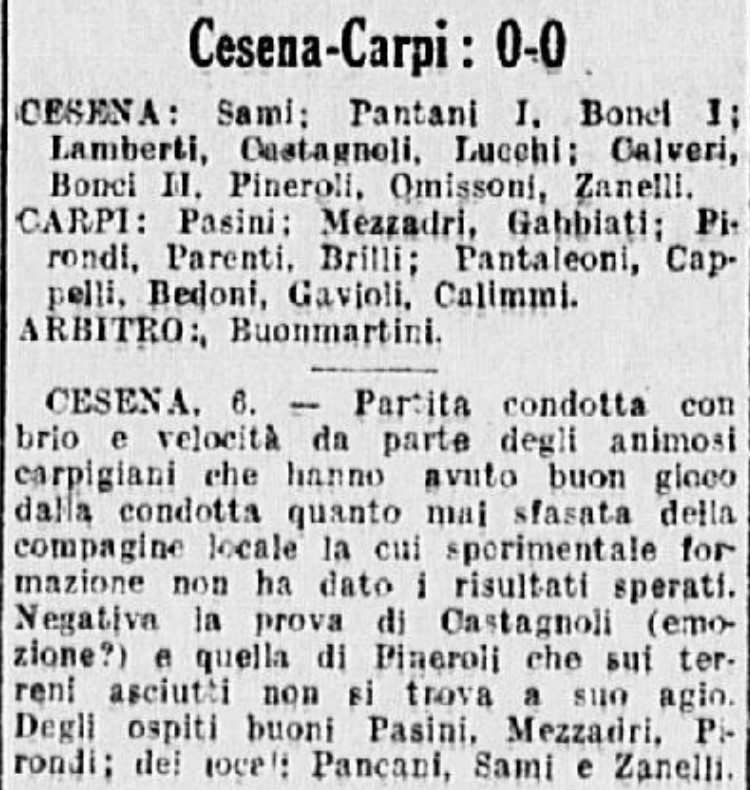 1941-42 1° Squadra Campionato Serie C andata giornata 15 Cesena-Carpi 0-0 recupero GazzettaSport
