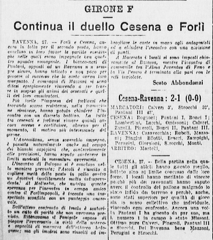 1941-42 1° Squadra Campionato Serie C ritorno giornata 08 Cesena-Ravenna 2-1 GazzettaSport
