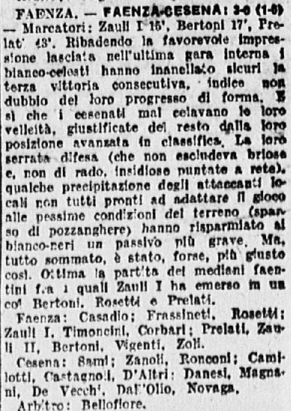 1941-42 Squadra B Campionato I Divisione andata giornata 06 Faenza-Cesena B 3-0 GazzettaSport